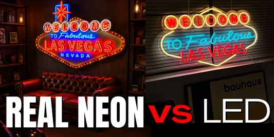 Side-by-side comparison of a real glass neon Las Vegas sign versus a cheap LED version. The real neon sign glows with deep saturated colors and warm porcelain-enamel depth in a vintage Americana garage setting. 
