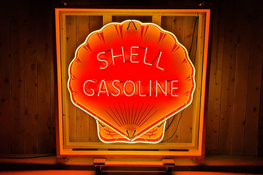 Iconic glowing Shell gasoline scallop in glass neon embossed porcelain