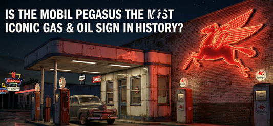 Vintage nighttime gas station scene featuring a glowing red neon Mobil Pegasus Winged Horse sign mounted on a brick wall. Old Mobilgas pumps, classic 1940s car, and retro porcelain signage illuminate the nostalgic American roadside atmosphere.