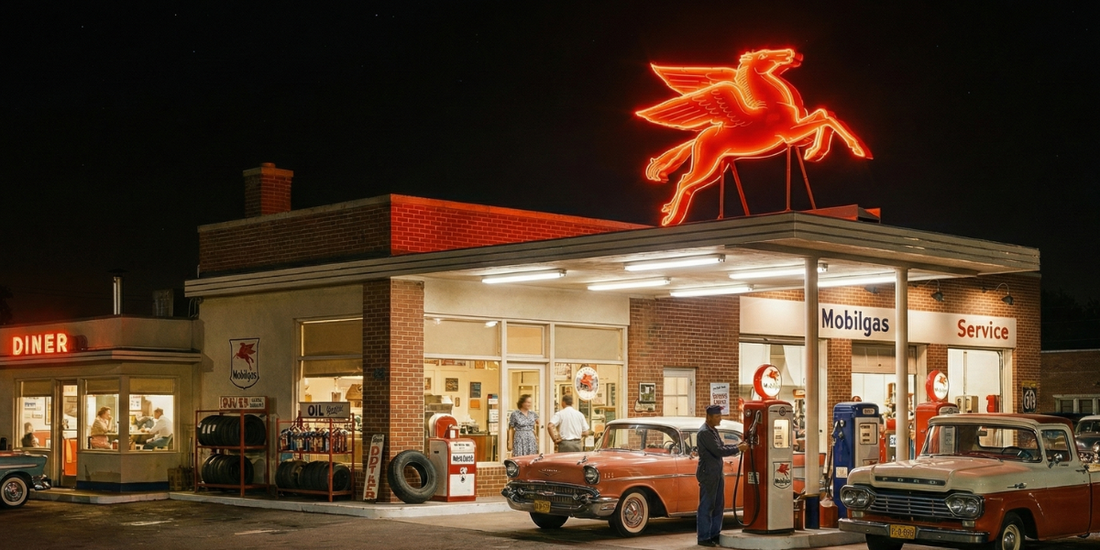 Vintage Mobilgas service station at night with glowing red Pegasus neon sign on the roof, classic 1950s cars at fuel pumps, illuminated diner, and authentic mid-century Americana gas station scene.