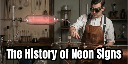 A vintage-style photograph of a neon glassblower in a workshop heating a large glass tube filled with glowing gas, surrounded by scientific equipment, used as a featured image for “The History of Neon Signs.