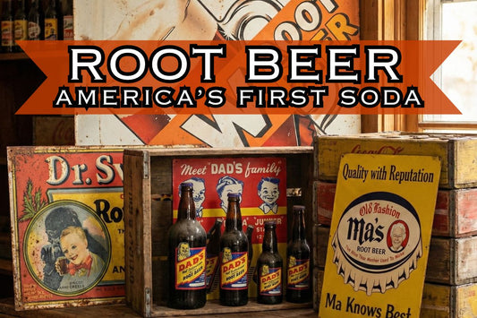 Vintage root beer advertising display featuring Dr. Swett’s, Dad’s Root Beer bottles, Ma’s Old Fashion Root Beer sign, and classic crates with the banner “Root Beer: America’s First Soda.