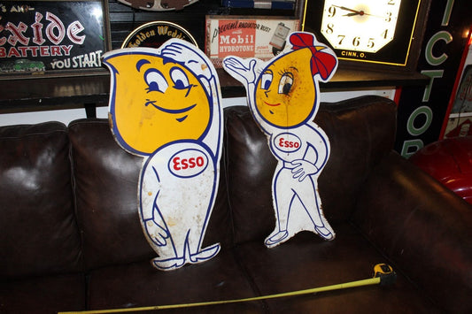 Esso Oil Drop Boy and Girl Couple Die Cut Heavy Steel Vintage Enamel Sign – Porcelain Enamel Reproduction
