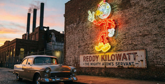 Vintage Reddy Kilowatt neon sign glowing on an old brick industrial building at sunset, with a classic 1955 Chevrolet parked on a and historic building