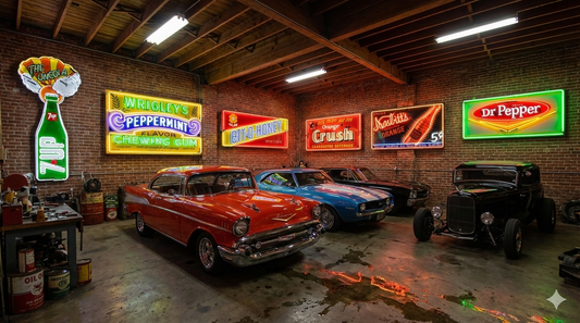 Collection of vintage candy and soda advertising signs from the 1930s–1950s in bright Americana style.