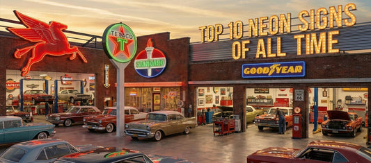 Vintage garage scene at sunset featuring classic cars and iconic neon signs, including the red Mobil Pegasus, Texaco star, Standard Oil torch, and Goodyear marquee. 
