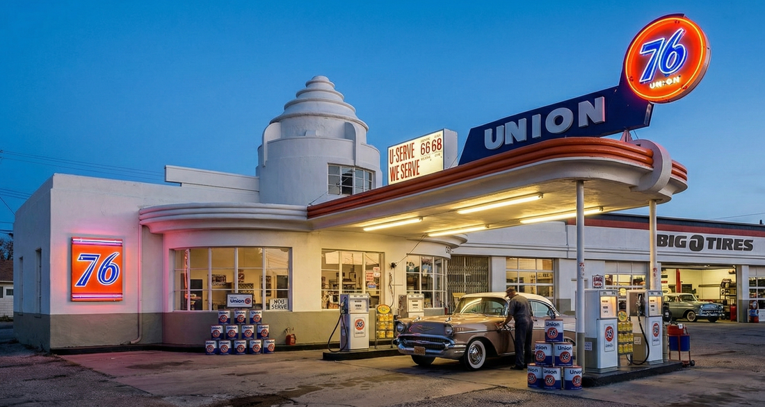 Historic Union 76 service station at dusk with illuminated 76 Orange Ball sign, retro gas pumps, mid-century building architecture, and a classic Chevrolet parked beside 76-branded oil cans — iconic roadside Americana.