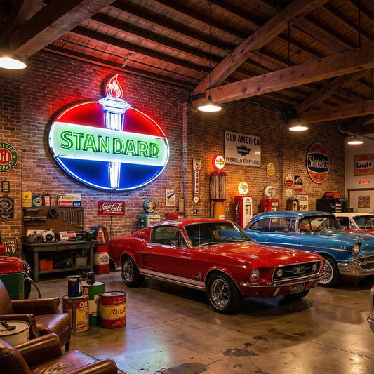 Vintage garage with classic cars, including a red Ford Mustang, displayed under a large illuminated Standard Oil torch neon sign on a brick wall, surrounded by retro gas pumps and Americana advertising signs.