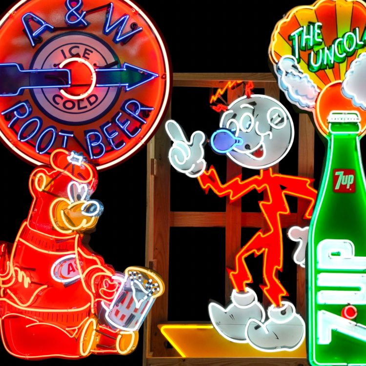 Hand-blown real glass neon signs with porcelain enamel faces and heavy steel cans—authentic vintage-style neon lighting.