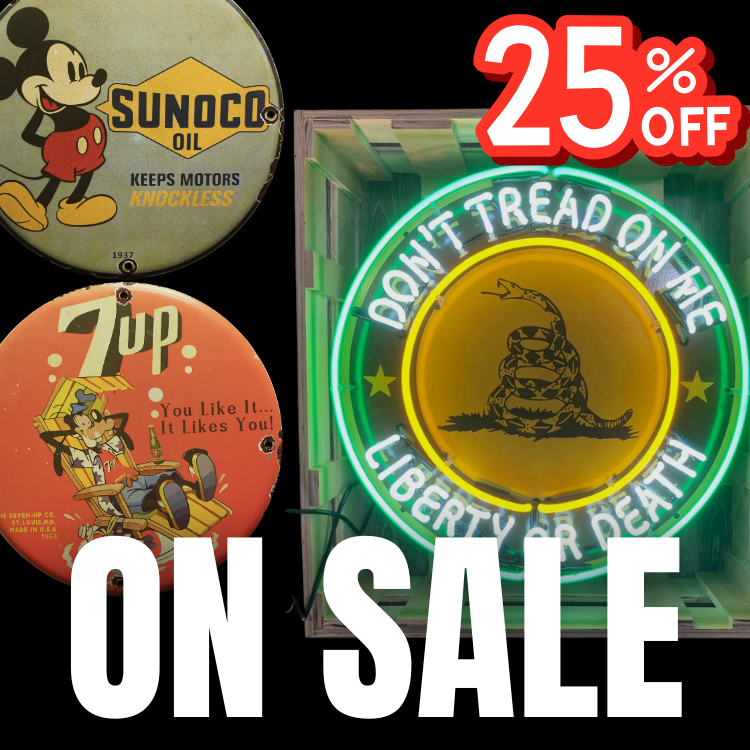Porcelain and neon signs currently on sale—vintage-style gas, oil, auto, and cartoon designs