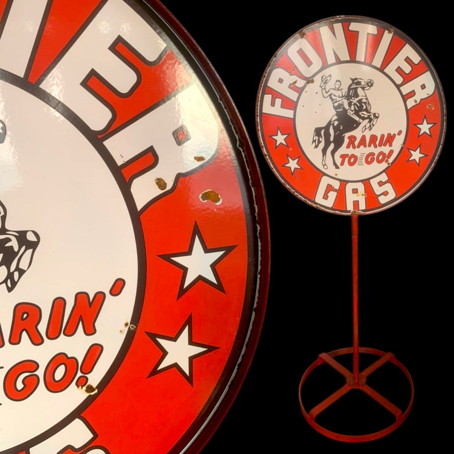 Double sided porcelain enamel vintage sign on old rusted style lollipop stand