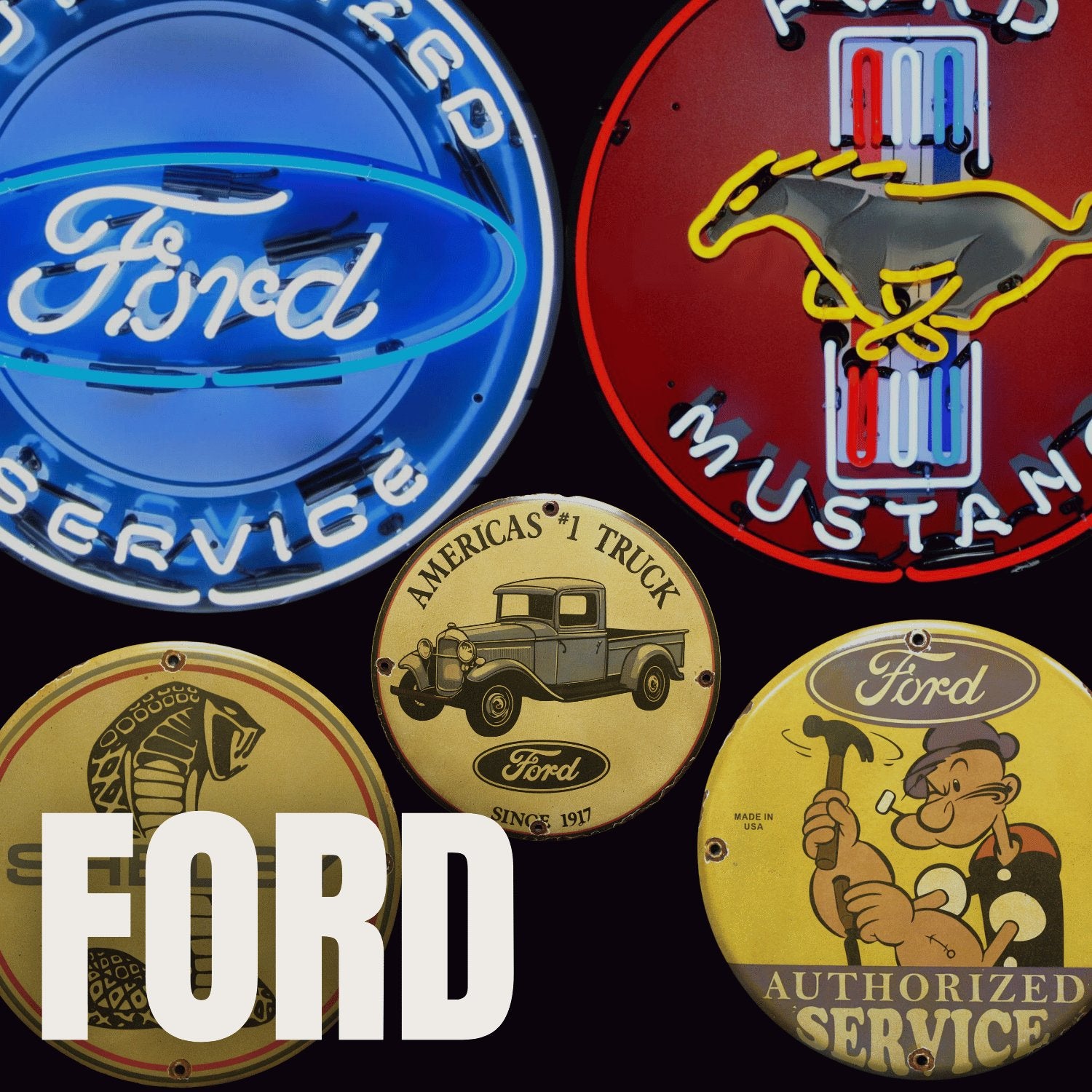 Ford porcelain signs featuring Genuine Parts, Ford Tractors, and vintage service station designs made with real enamel and steel