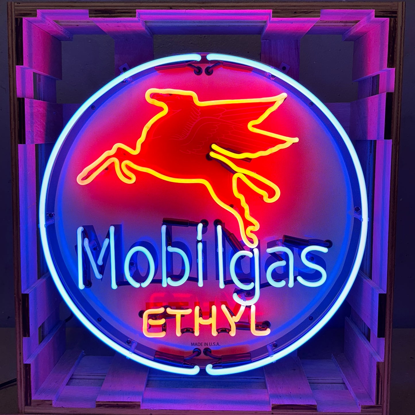 Real Glass Neon Porcelain Can - Vintage Mobilgas Ethyl Flying Winged Horse Pegasus - Old Light Up Gas Station Advertising Reproduction
