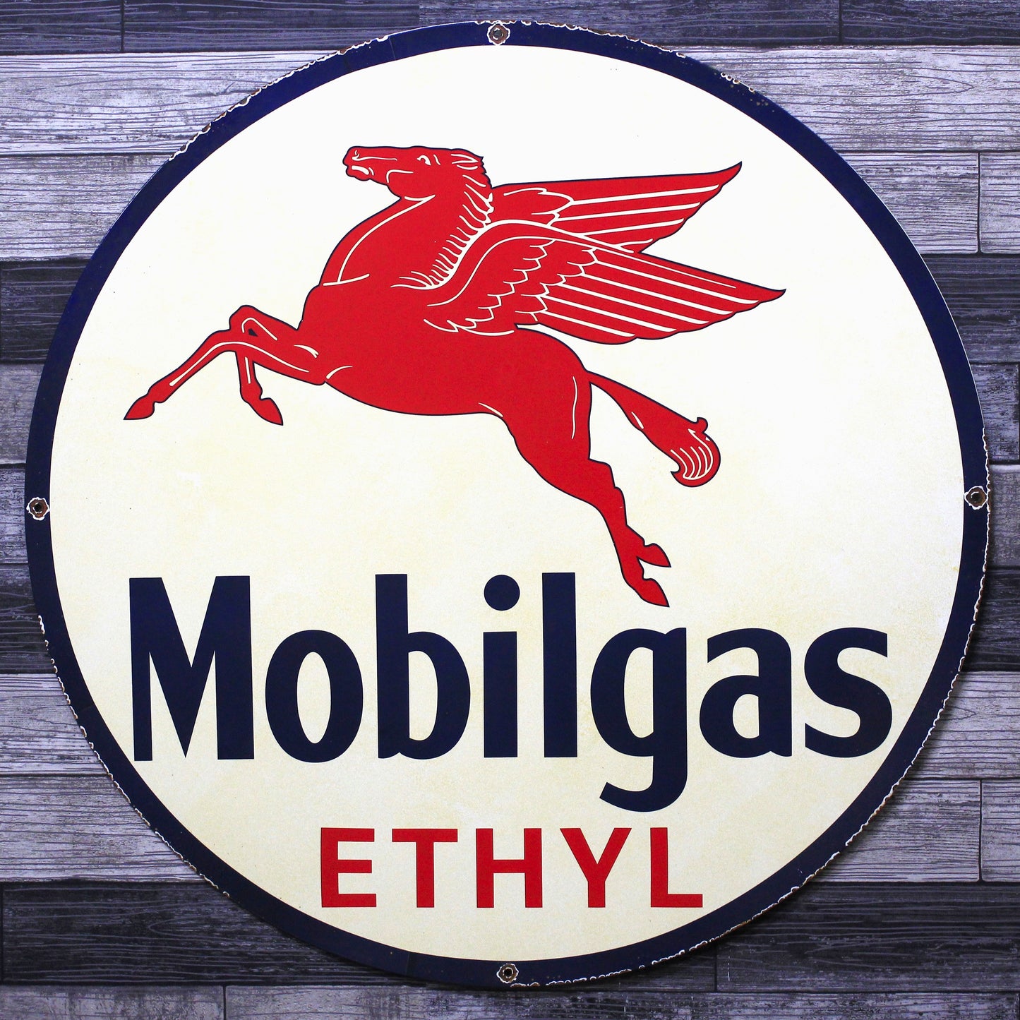 Mobilgas Ethyl Pegasus Large 30-Inch Porcelain Vintage Metal Gas or Service Station Sign
