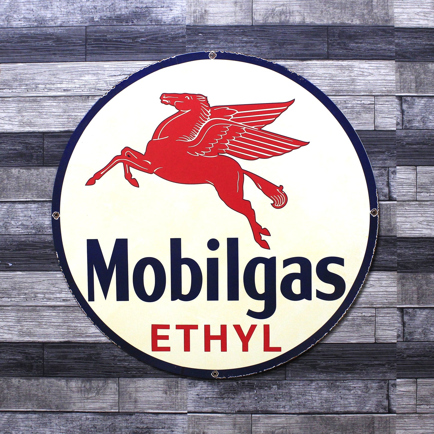 Mobilgas Ethyl Pegasus Large 30-Inch Porcelain Vintage Metal Gas or Service Station Sign