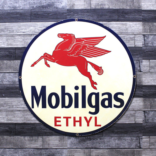 Mobilgas Ethyl Pegasus Large 30-Inch Porcelain Vintage Metal Gas or Service Station Sign