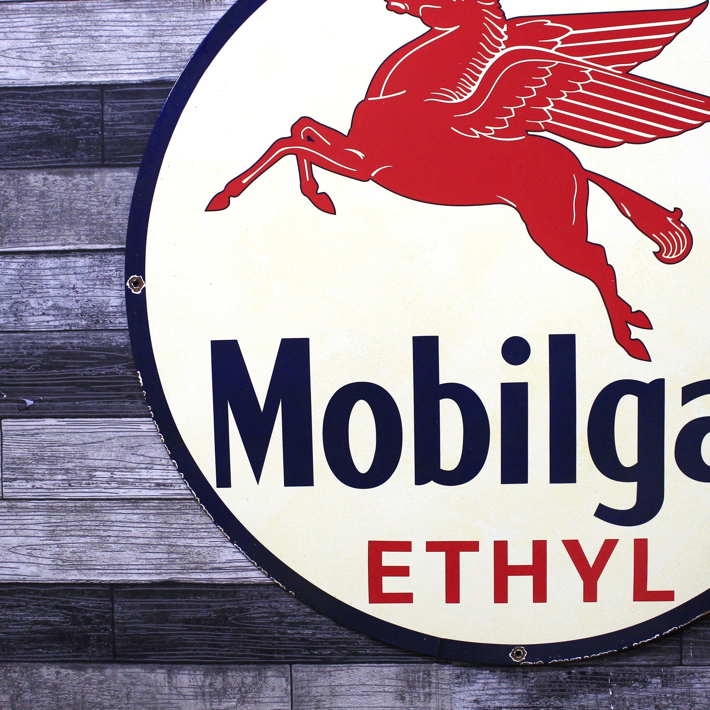 Mobilgas Ethyl Pegasus Large 30-Inch Porcelain Vintage Metal Gas or Service Station Sign