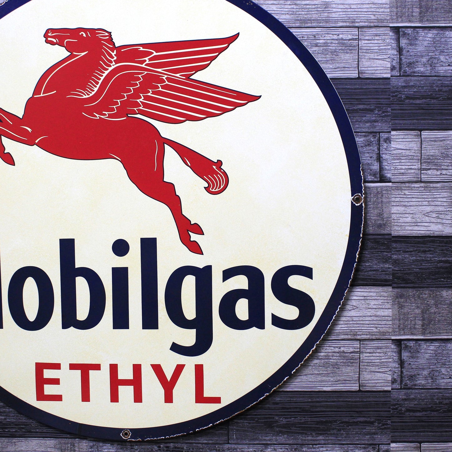 Mobilgas Ethyl Pegasus Large 30-Inch Porcelain Vintage Metal Gas or Service Station Sign