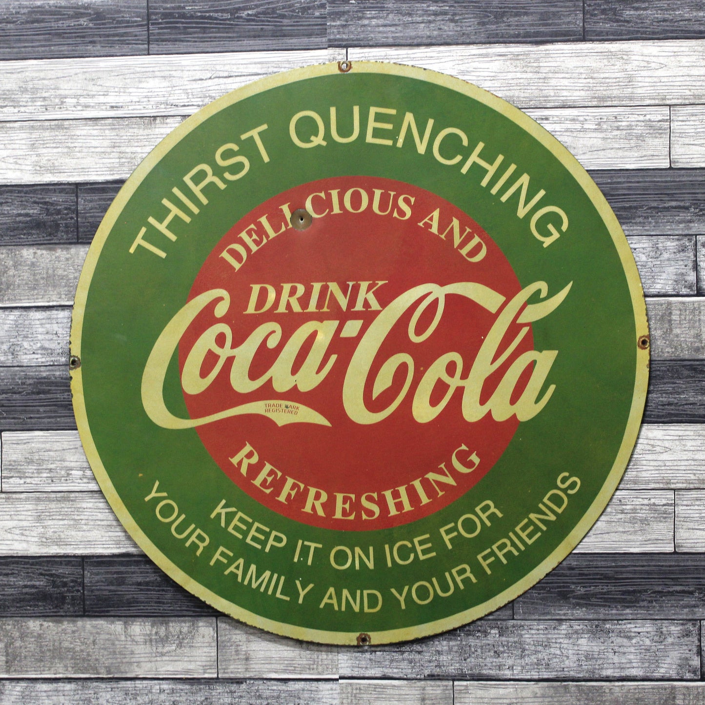 Classic Refreshing Coca-Cola Large 30-Inch Porcelain Vintage Advertising Sign with Bullet Hole