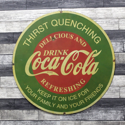 Classic Refreshing Coca-Cola Large 30-Inch Porcelain Vintage Advertising Sign with Bullet Hole