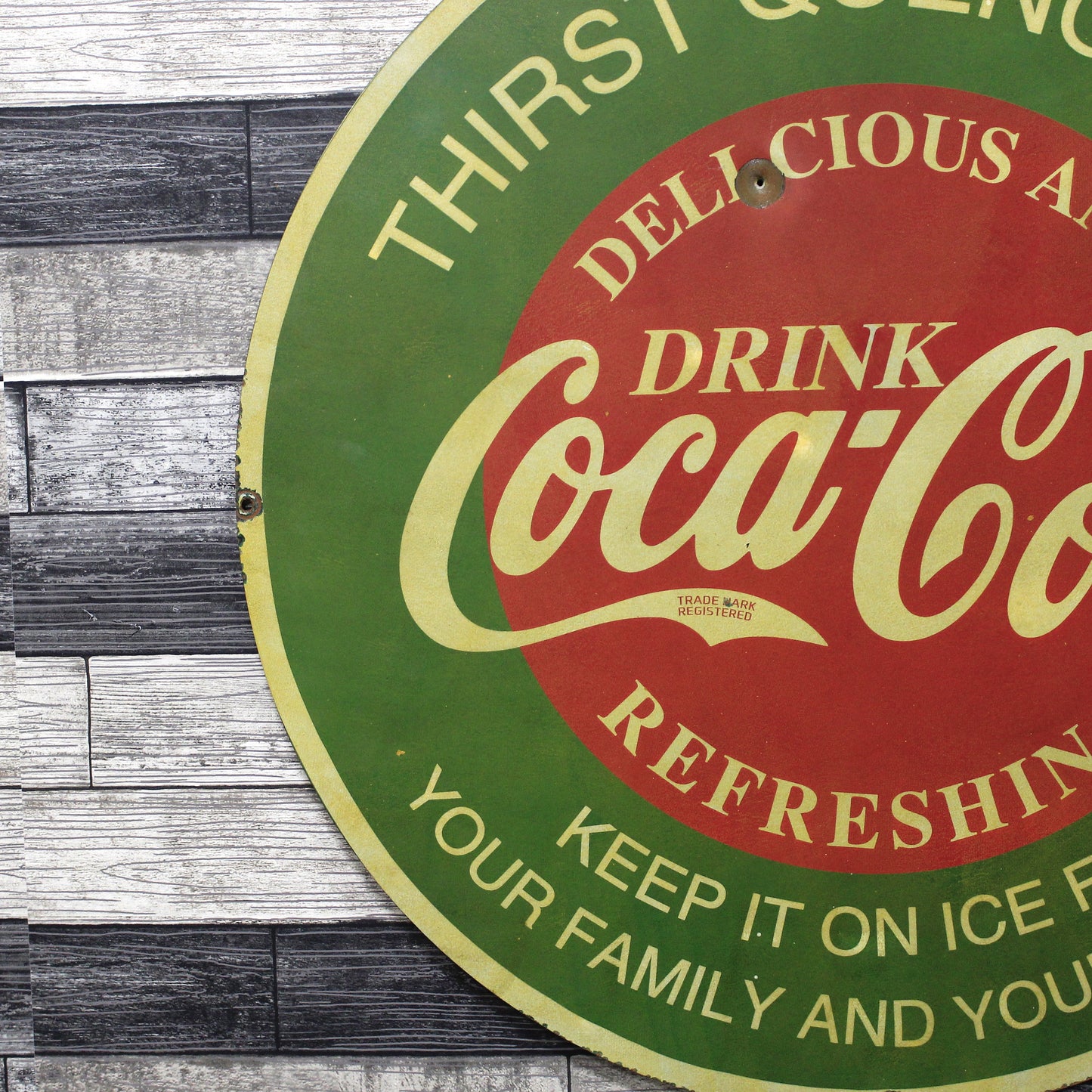 Classic Refreshing Coca-Cola Large 30-Inch Porcelain Vintage Advertising Sign with Bullet Hole