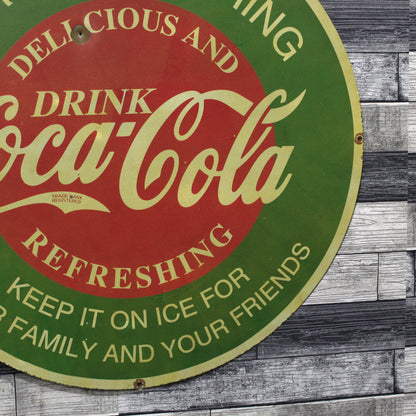 Classic Refreshing Coca-Cola Large 30-Inch Porcelain Vintage Advertising Sign with Bullet Hole