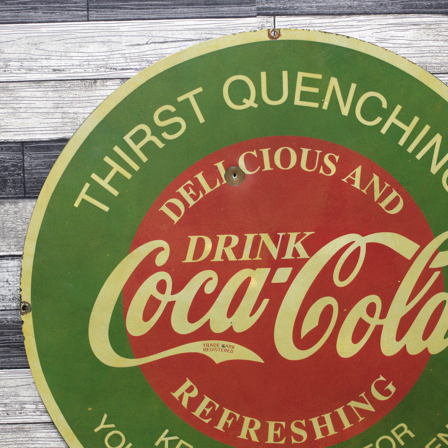 Classic Refreshing Coca-Cola Large 30-Inch Porcelain Vintage Advertising Sign with Bullet Hole