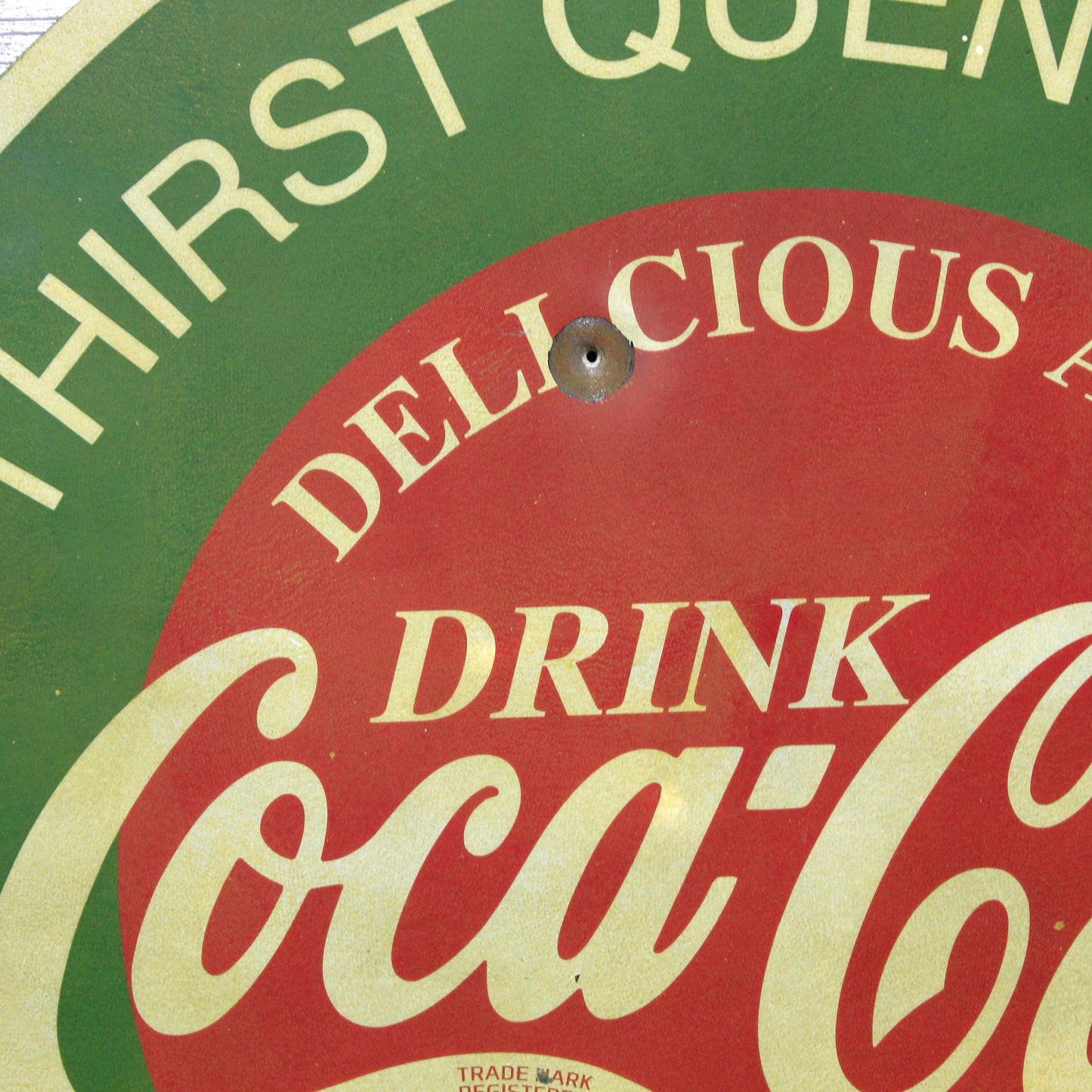 Classic Refreshing Coca-Cola Large 30-Inch Porcelain Vintage Advertising Sign with Bullet Hole