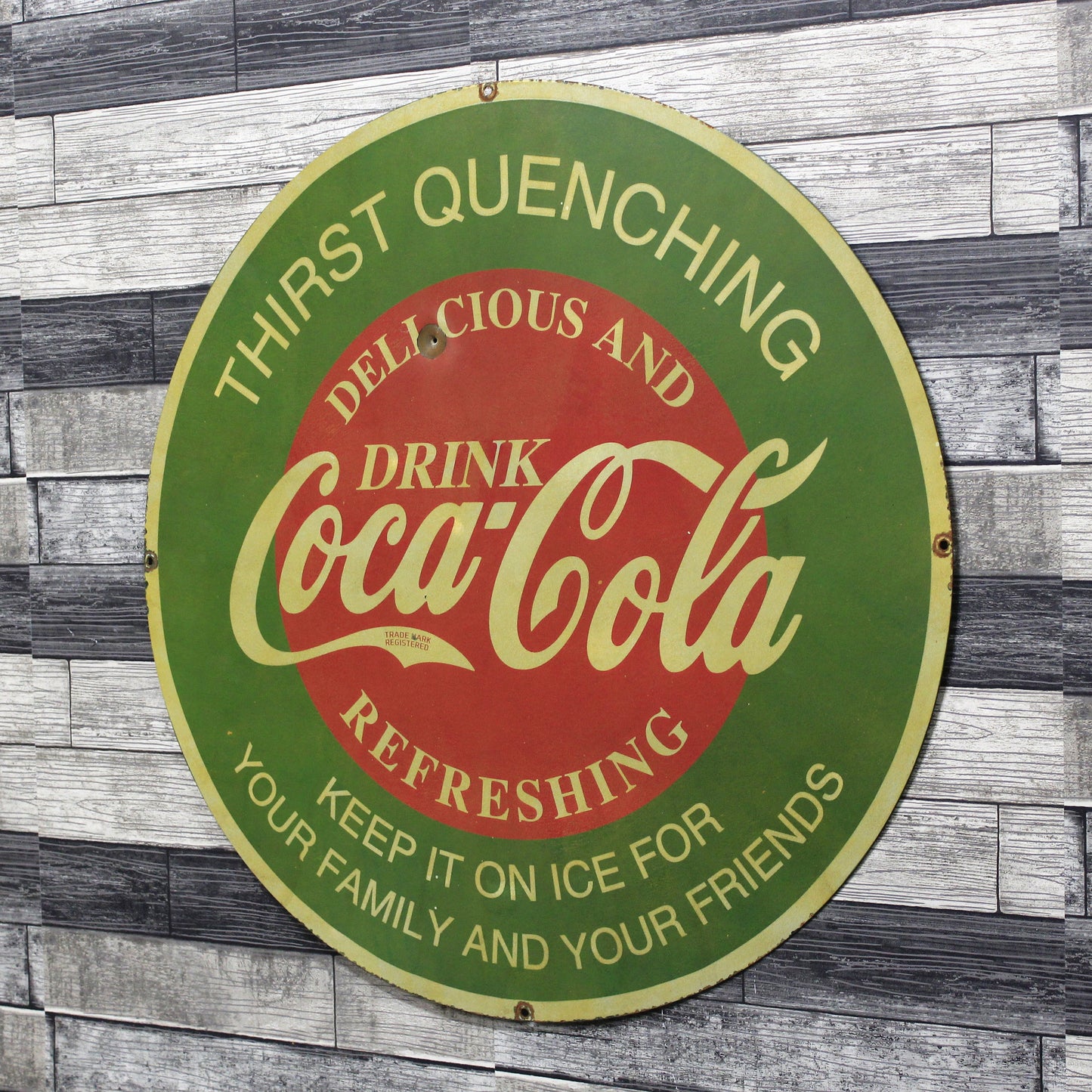Classic Refreshing Coca-Cola Large 30-Inch Porcelain Vintage Advertising Sign with Bullet Hole