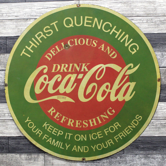 Classic Refreshing Coca-Cola Large 30-Inch Porcelain Vintage Advertising Sign with Bullet Hole