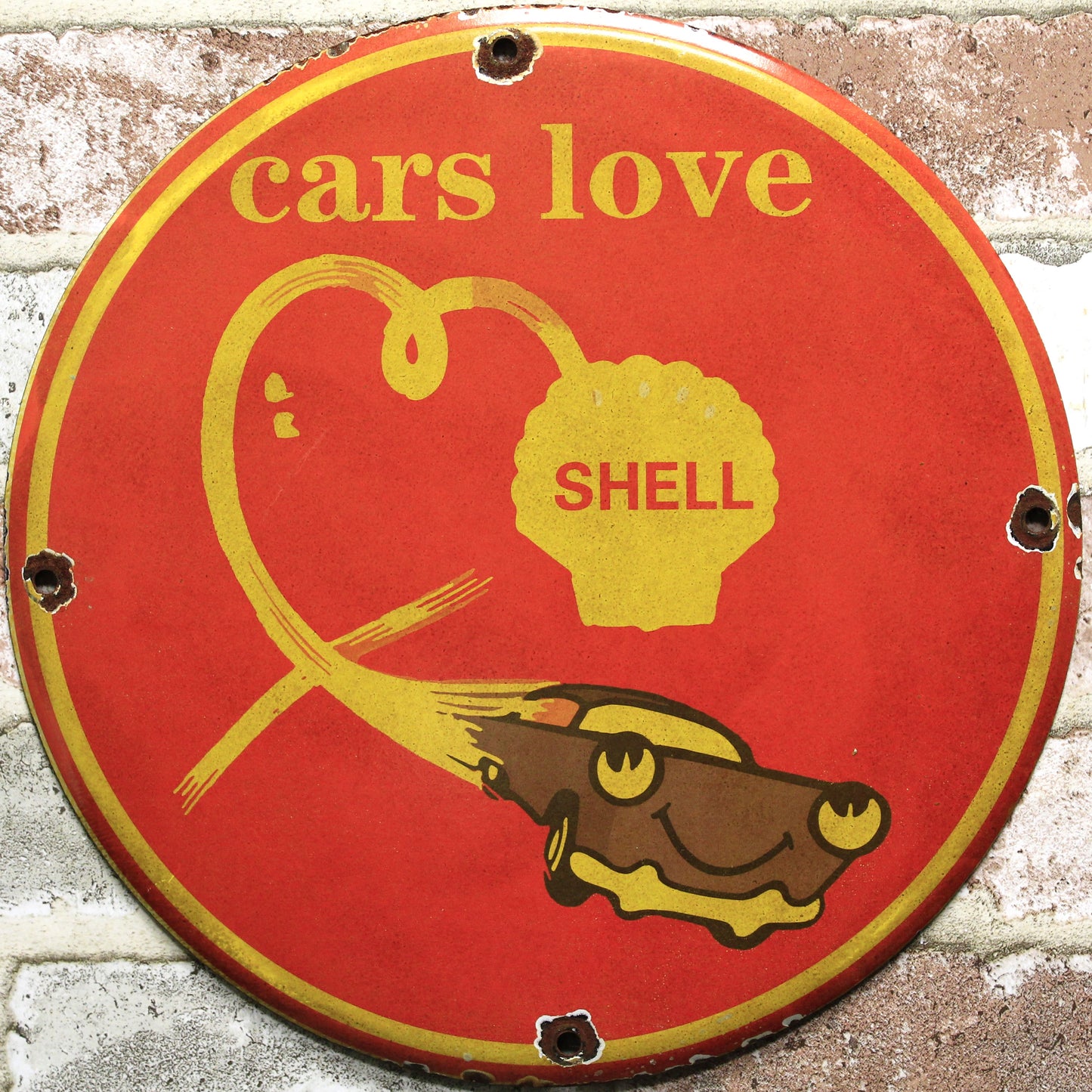 Cars Love Shell Motor Oil Porcelain Enamel Sign (12in)