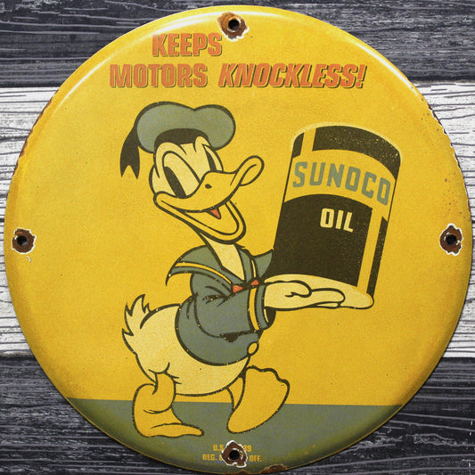 Sunoco Oil with Donald Duck Vintage Porcelain Enamel Sign (12in)
