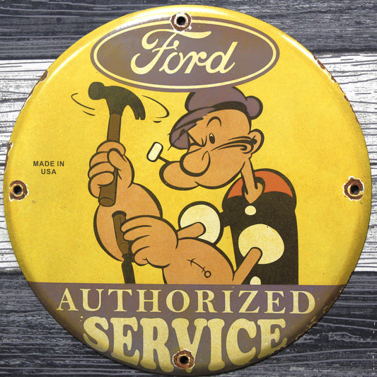 Ford Authorized Service with Popeye Porcelain Enamel Sign (12in)