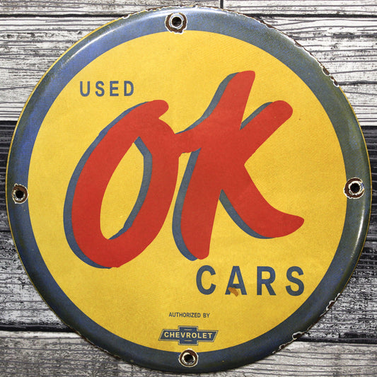 OK Used Cars Authorized by Chevrolet 12in Porcelain Enamel Sign