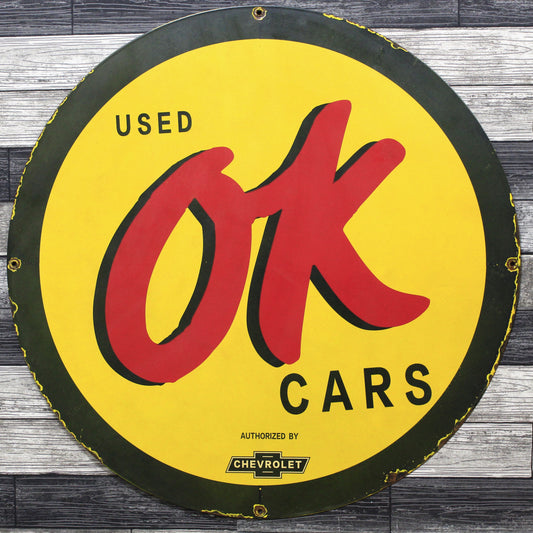 OK Used Cars Large 30-Inch Porcelain Vintage Chevrolet Heavy Metal Enamel Sign