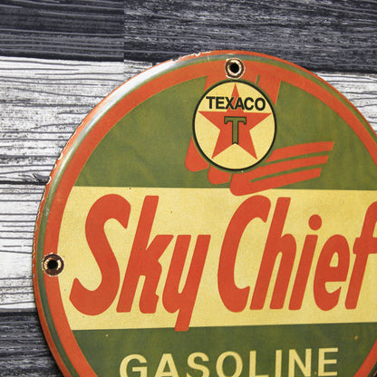 Texaco Sky Chief Gasoline Vintage Porcelain Enamel Sign (12in)