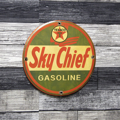 Texaco Sky Chief Gasoline Vintage Porcelain Enamel Sign (12in)