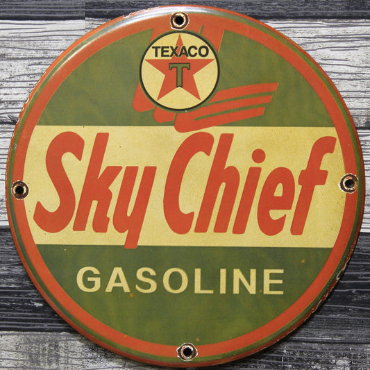 Texaco Sky Chief Gasoline Vintage Porcelain Enamel Sign (12in)