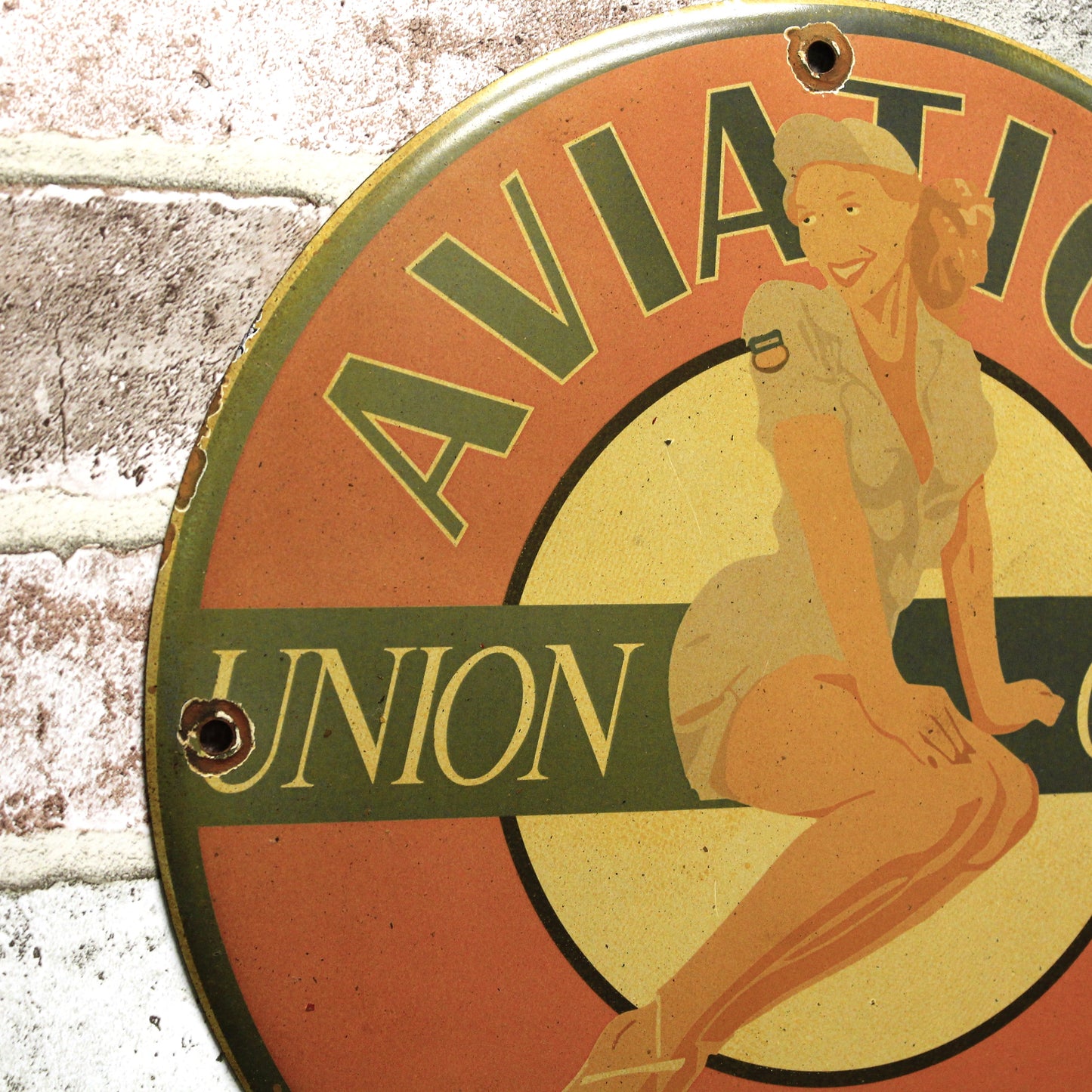 Union Oil Pinup Girl Aviation Gasoline Porcelain Enamel Sign (12in)