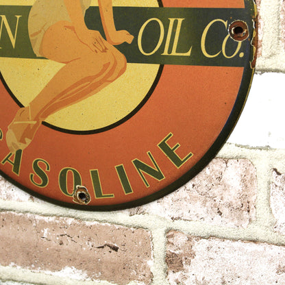 Union Oil Pinup Girl Aviation Gasoline Porcelain Enamel Sign (12in)