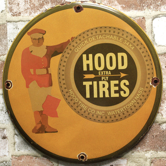 Hood Tires Extra Ply Vintage Advertisement Porcelain Enamel Sign (12in)
