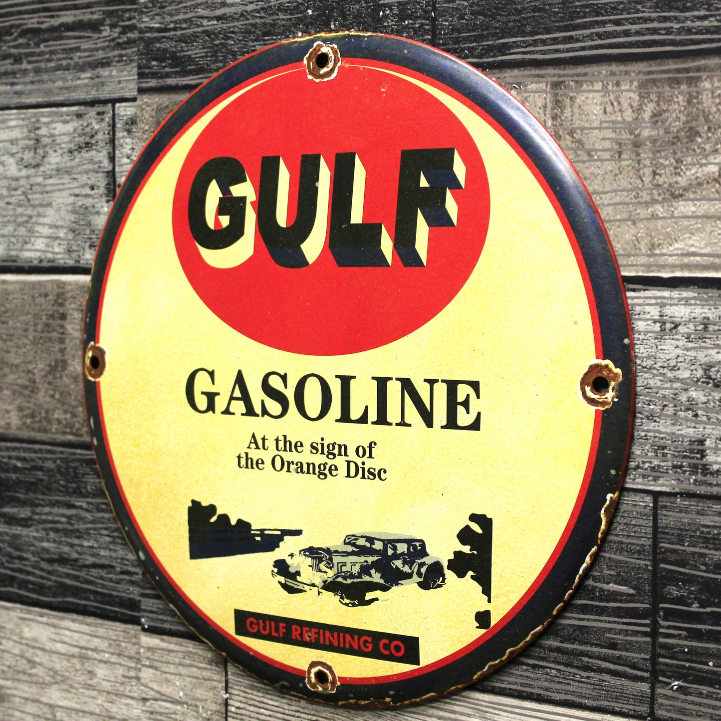 GULF Gasoline Refining Co. Vintage Porcelain Enamel Sign (12in)