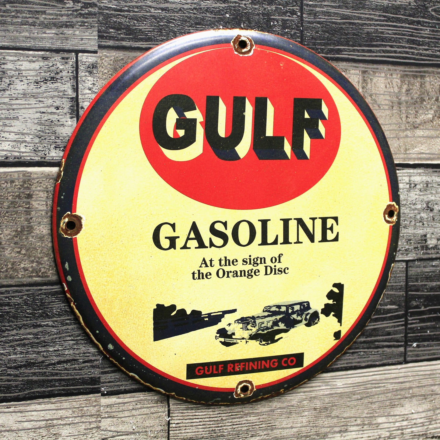 GULF Gasoline Refining Co. Vintage Porcelain Enamel Sign (12in)