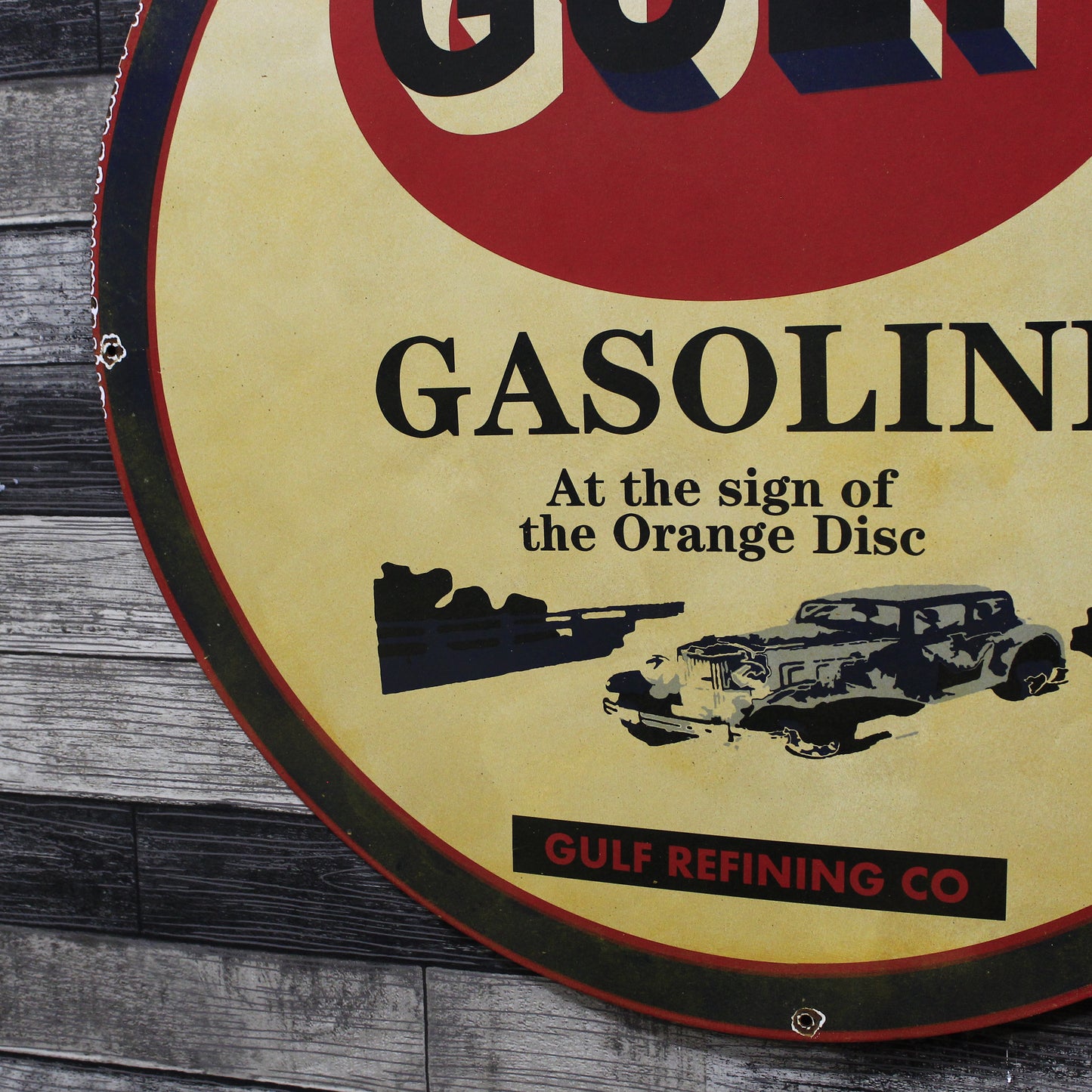 GULF Gasoline Refining Large 30-Inch Metal Porcelain Enamel Sign