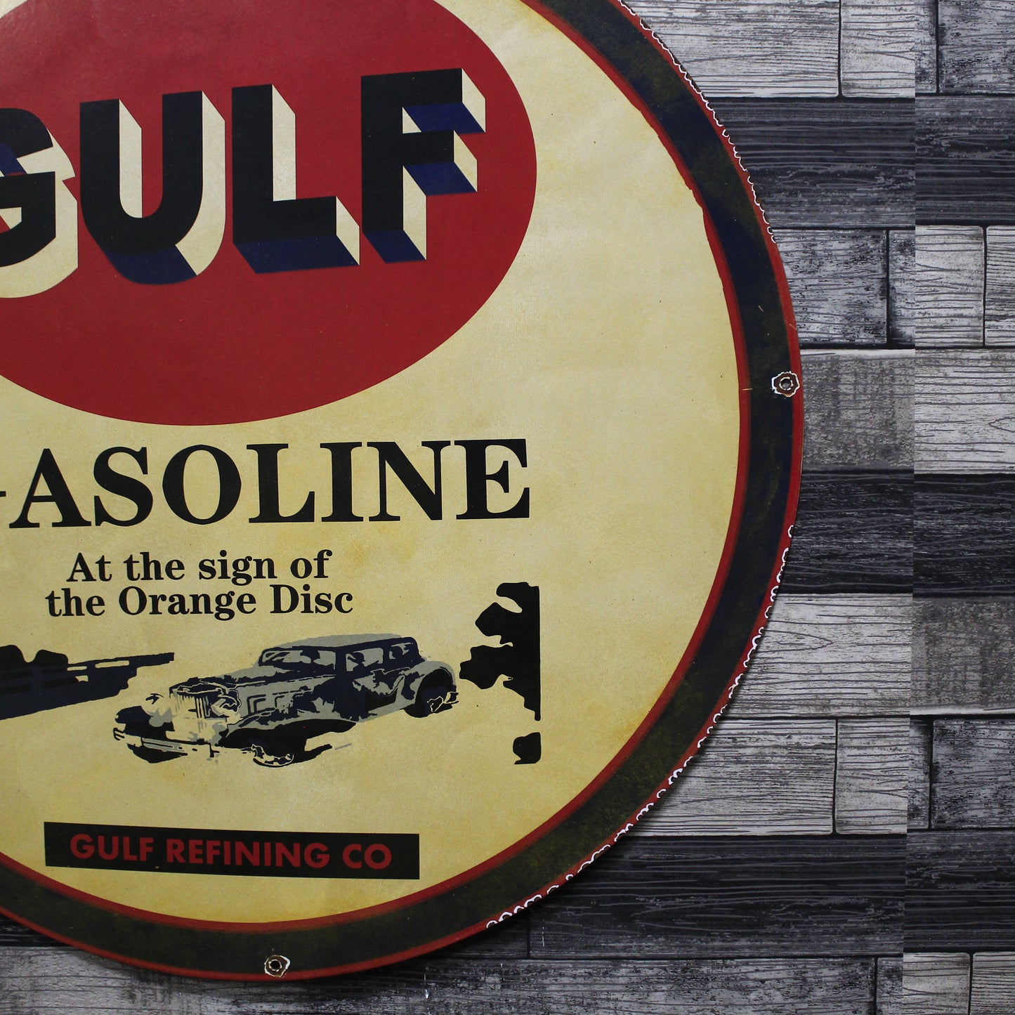 GULF Gasoline Refining Large 30-Inch Metal Porcelain Enamel Sign