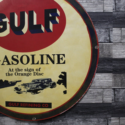 GULF Gasoline Refining Large 30-Inch Metal Porcelain Enamel Sign
