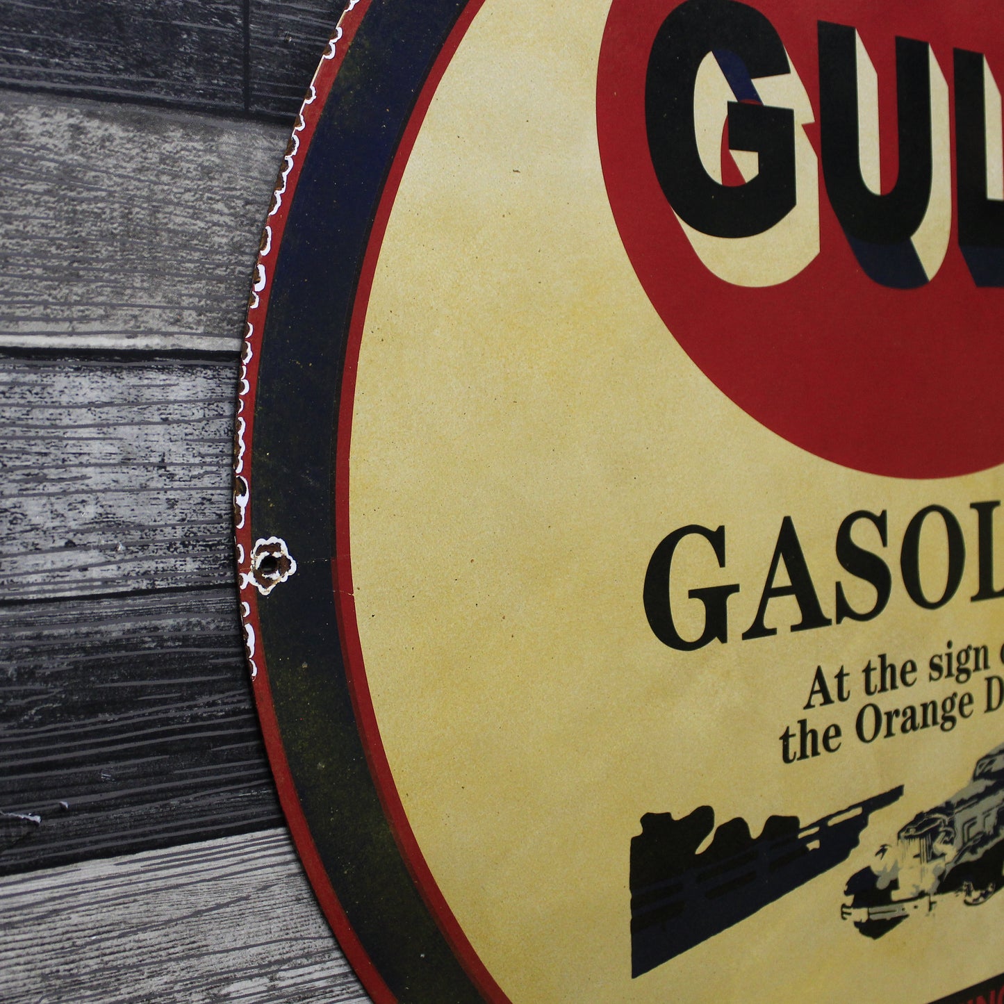 GULF Gasoline Refining Large 30-Inch Metal Porcelain Enamel Sign