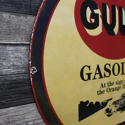 GULF Gasoline Refining Large 30-Inch Metal Porcelain Enamel Sign