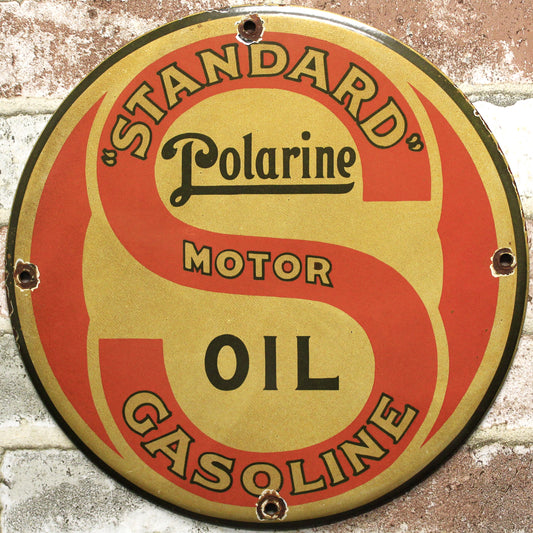 Standard Motor Oil Polarine Gasoline Vintage Porcelain Enamel Sign (12in)