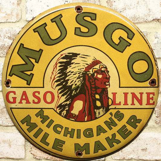 Musgo Gasoline Michigan Mile Maker Vintage Porcelain Enamel Sign (12in)